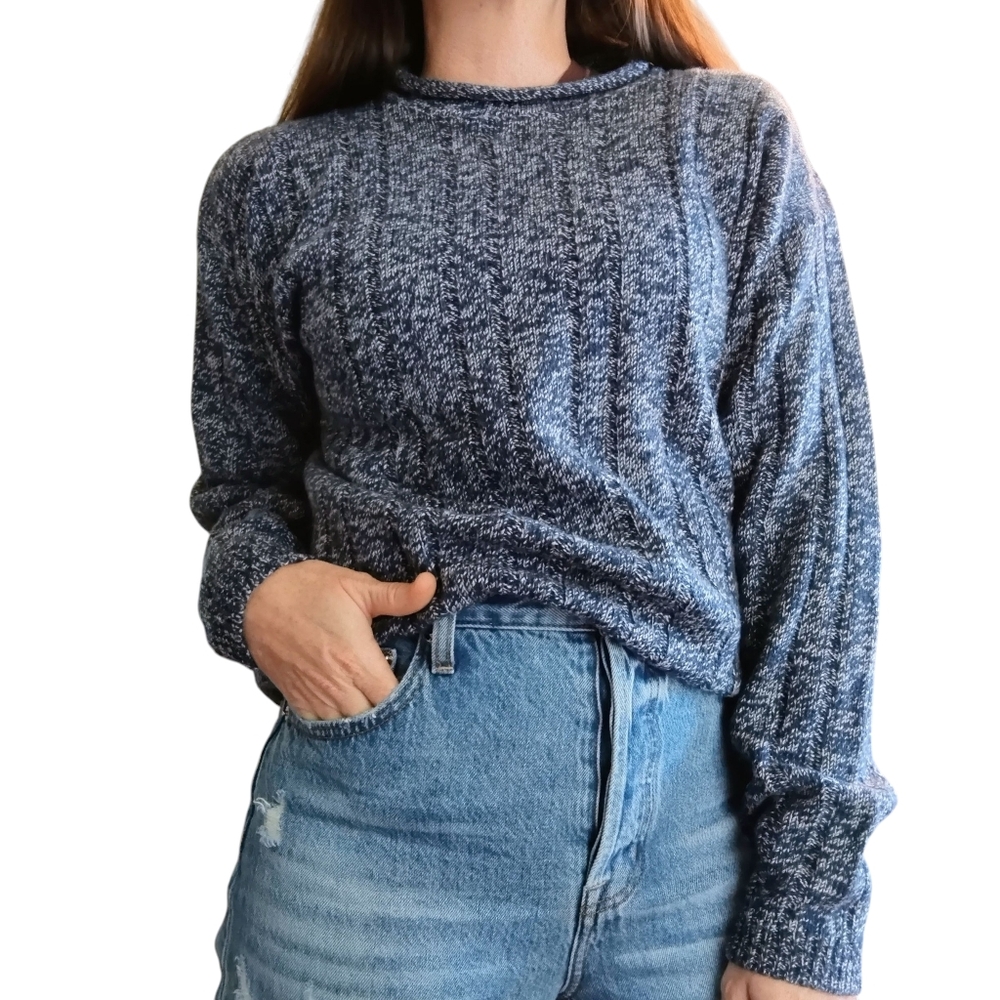 Vintage Ash Creek‎ Ribbed Knit Fisherman Sweater Small Blue Roll Neck Oversized